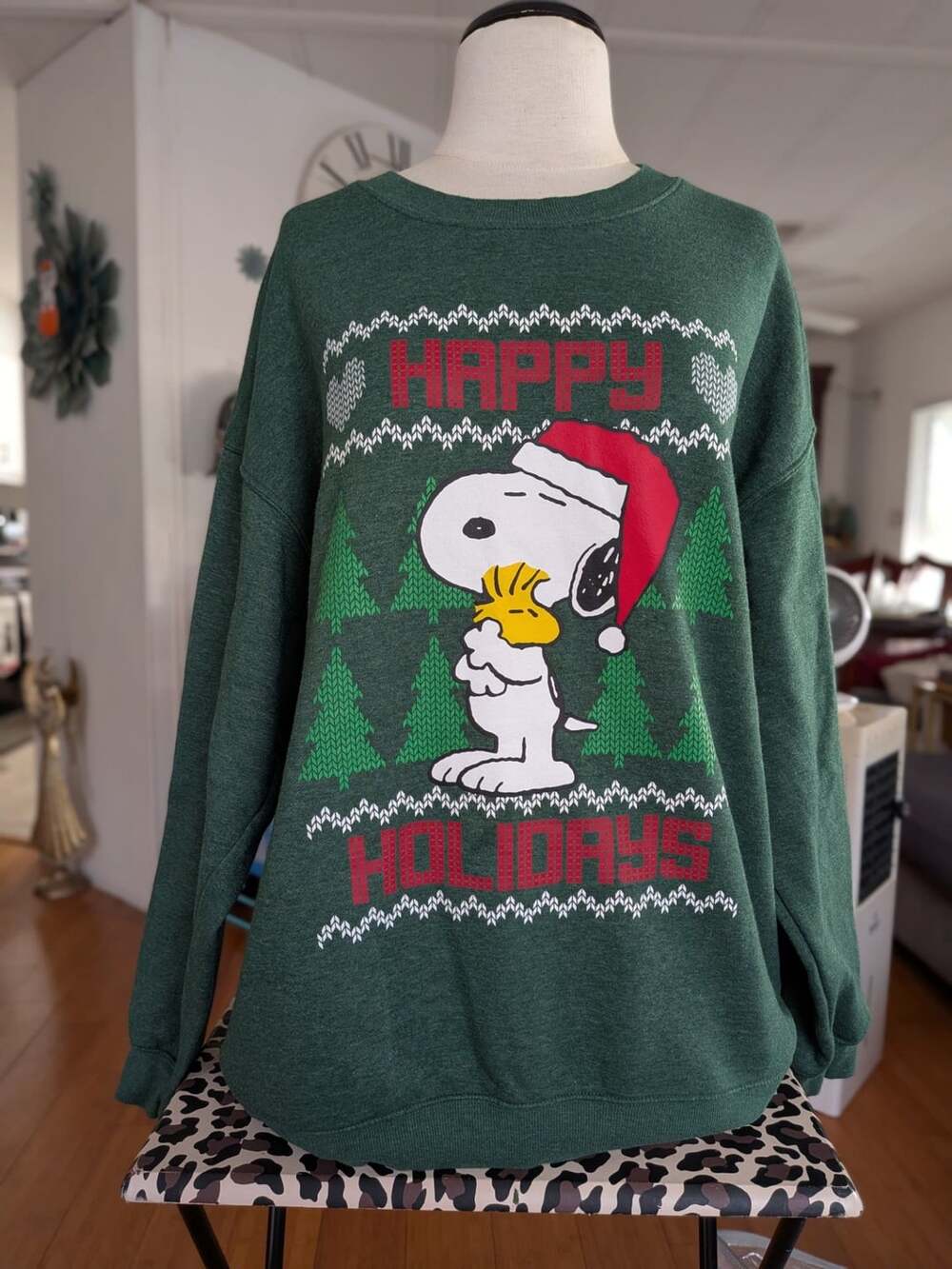 Peanuts Snoopy & Woodstock Happy Holidays Christmas Sweatshirt Green Size L